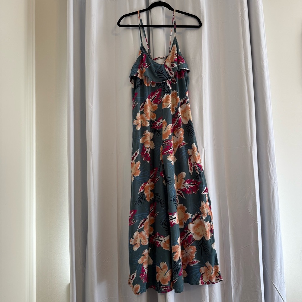Roxy Floral Wide Leg Jumpsuit Green Peach Womens Small - Picture 2 of 13